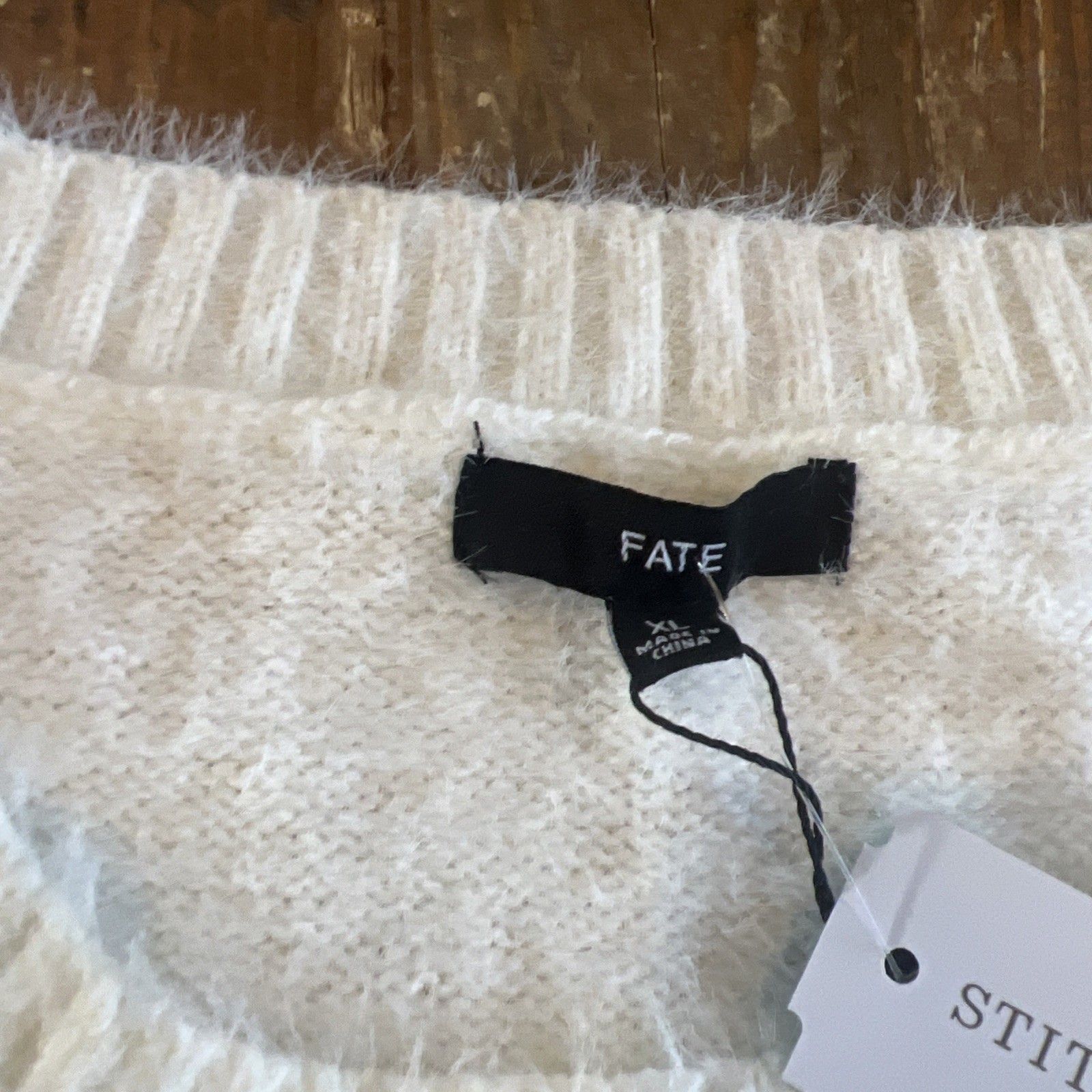 Nwt Fate Women’s Xl Fuzzy Colorblock Striped Sweater Stretch Fit Cream Blue — image 2 of 7